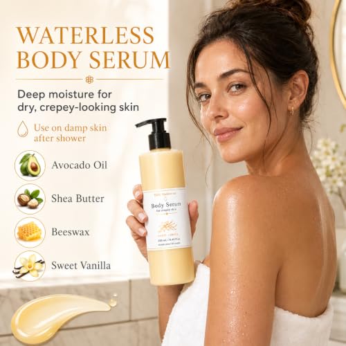 Bees Body Serum for Crepey Skin - Waterless Wet Skin Body Oil with Avocado, Castor, Coconut Oils & Shea Butter, 8 fl oz