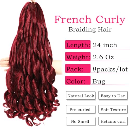 French Curly Braiding Hair Burgundy 24 Inch 8 Packs for Black Women