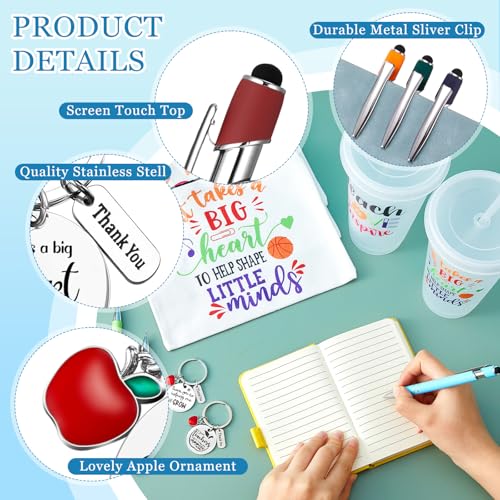 Pickmesh Teacher Appreciation Gift Bulk 48 Pcs / 12 Sets Makeup Bag Keychain 24oz Plastic Cup with Lid Ballpoint Pen Thank You Teacher Supplies(Inspirational Straw Cup,Clear)