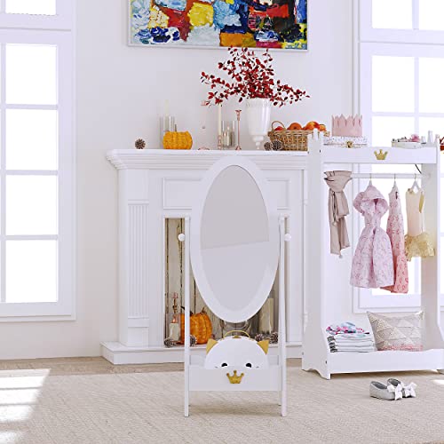 Kids Full Length Floor Mirror with Crown Design, Adjustable Angle & Storage