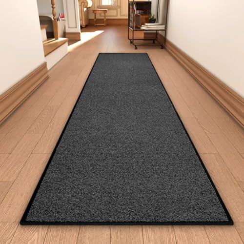 Black 2'6" x 12' Runner Rug with Non-Slip Rubber Backing - Washable Low Pile Carpet for Indoor Hallway Entryway Kitchen Bedroom