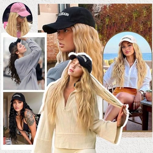 Black Baseball Cap Wig with Long Wavy Synthetic Hair - Brown, Variation of Black Cap, Brown