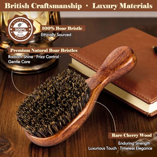 Boar Bristle Hair Brush Since 1965 British Craftsmanship, Handmade Natural Wooden Mini Hairbrush/Beard Brush, Pure Soft Bristles Gentle Detangling Women Men Kids Thin Fine Hair, Smooth & Shine