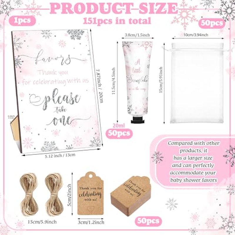 50 Sets Baby Shower Hand Cream with Organza Bag Thank You Card Baby Shower Wedding Gifts for Guests Bridal Wedding Favors for Guests, Thank You Gifts for Women(Pink Snowflakes)