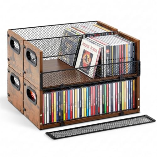 Geelin 4-Pack Wooden CD Storage Box with Metal Mesh Door - Retro Music Organizer