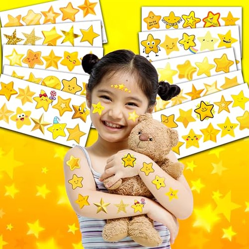 100 PCS Gold Stars Temporary Tattoos Birthday Party Decorations Favors Supplies Decor Twinkle Christmas Yellow Golden Star Banner Stickers For Girls Boys Classroom School Prizes Reward