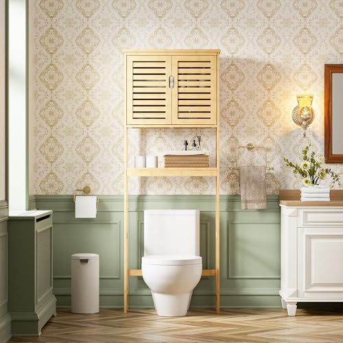 Bathroom Over Toilet Storage Cabinet - Natural Bamboo, 2 Doors & Adjustable Shelves