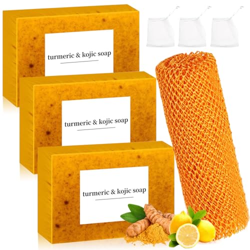 Turmeric Soap + African Net Sponge, Lemon Turmeric Kojic Soap Bar for Spots Remover, Organic Skin Care Soaps for Face and Body, Evens Skin Tone Exfoliator Deep Cleansing Moisturizing