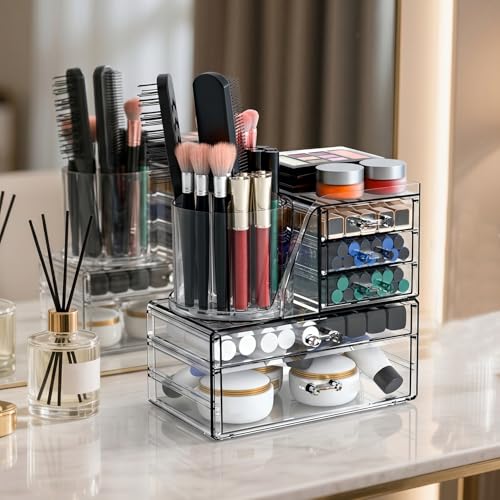 Acrylic Makeup Organizer 2 Tiers & 5 Drawers with Rotating Brush Holder - Clear Vanity Storage, Stackable & Space Saving, Variation: 2 Tiers 5 Drawers