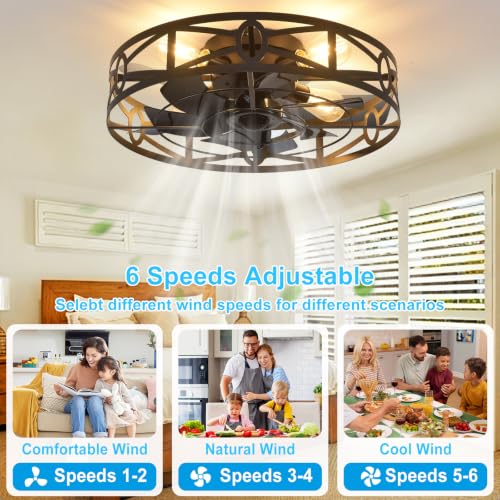 Depuley 20 Inch Black Flush Mount Ceiling Fan with Remote Control and Lights - Reversible 6 Speed Low Profile Indoor/Outdoor Fixture
