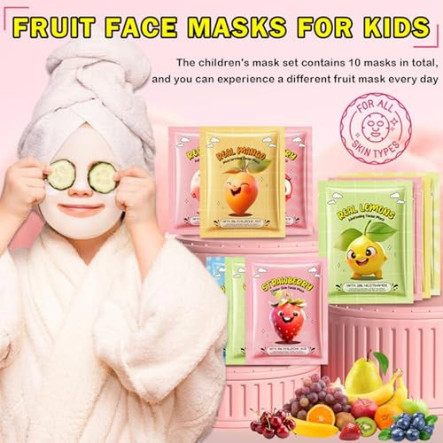 10 Pack Kids Face Masks Spa,Fruit Face Masks Skincare for Kids,Moisturize Facial Masks for Women Skin Care,Christmas Birthday Gifts for Teen Girls,Suitable for All Skin Types