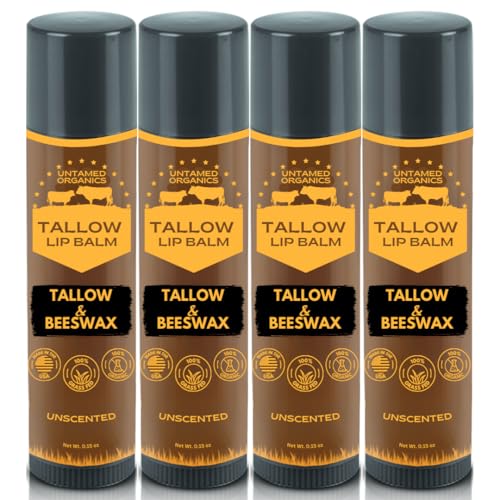 Pure Tallow Lip Balm | 100% Grass-Fed Beef Tallow and Organic Beeswax | Moisturizing Lip Care for Dry, Chapped Lips | Hypoallergenic, Fragrance-Free | Handcrafted in USA | 4-Pack
