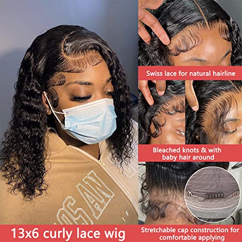 Natural Color 13x6 Curly Bob Lace Front Wig - 14 Inch Human Hair, Pre Plucked with Baby Hair, Wet & Wavy Style, 180% Density
