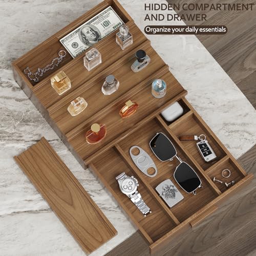 Solid Walnut Cologne Organizer for Men,4 Tier Cologne Stand,Wooden Cologne Holder Display Shelf with Drawer Storage and Hidden Compartment,Perfume Stand Organizer,Gift for Men Dad Husband