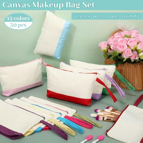 Silkfly 30 Pcs Cotton Canvas Makeup Bags Canvas Cosmetic Zipper 10.2 x 5.5 x 2 Inches Blank DIY Pouch Bag Bulk with Bottom Pencil Case Travel Toiletry Pouch for Women (Cute)
