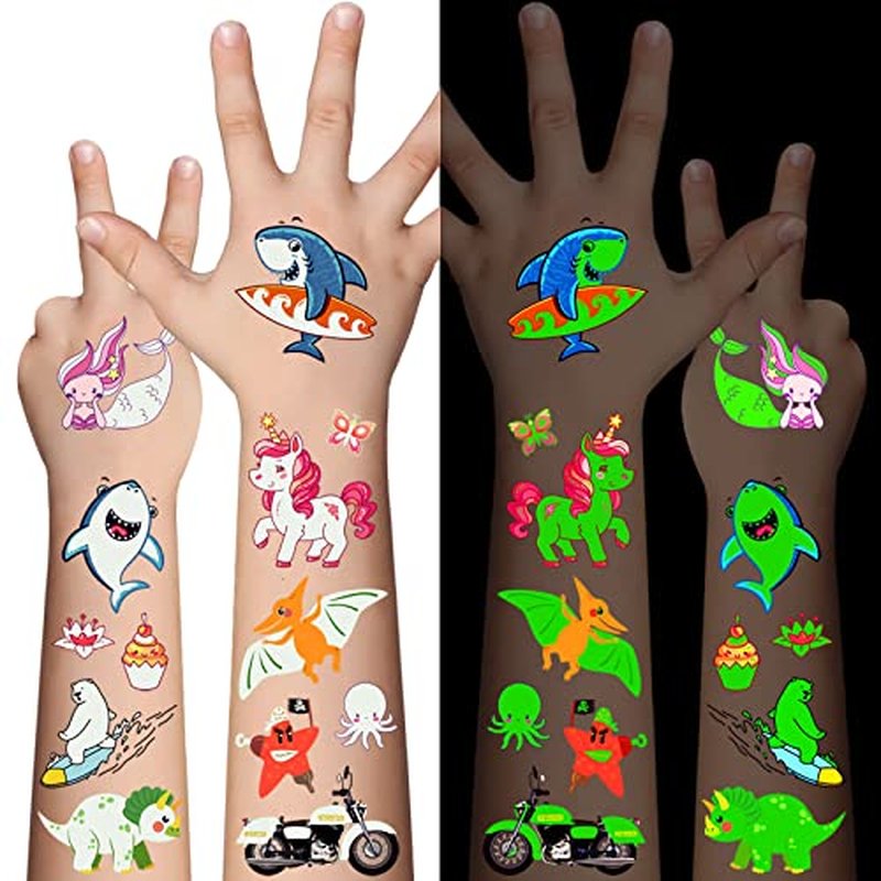 310 Pcs Luminous Temporary Tattoos For Kids,Mixed Styles Glow In The Dark Tattoos for Boys and Girls,Butterfly Dinosaur Pirate Mermaid Fake Tattoo Stickers,Glow Party Supplies Arts and Crafts