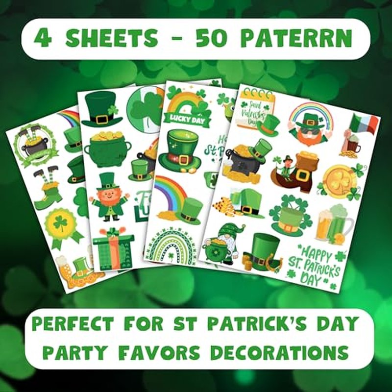 50 PCS St Patrick's Day Tattoos Stickers for Kids, St Patricks Day Decorations Accessories, Irish Shamrock Tattoo Stickers for Party Favors Supplies