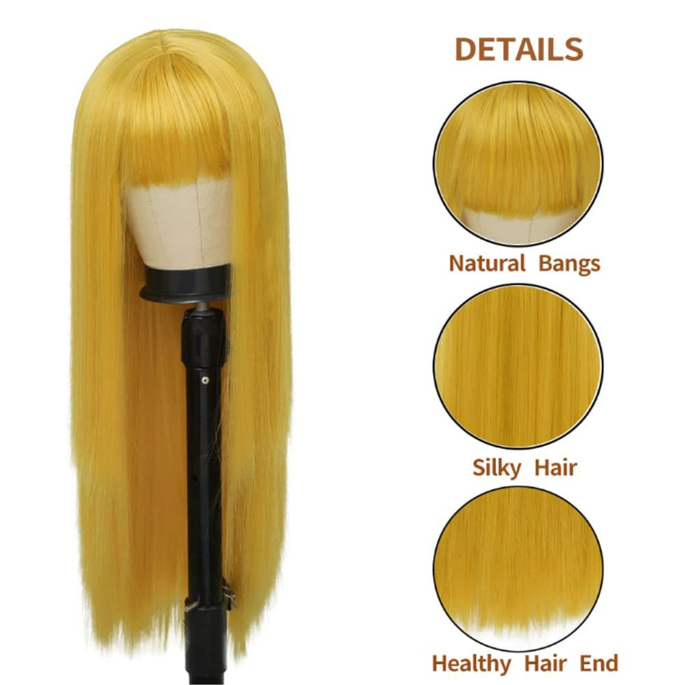Tseses Yellow Long Straight Wig with Bangs for Women Cosplay Halloween Party Daily Hair Wigs Heat Resistant Synthetic Halloween Wig