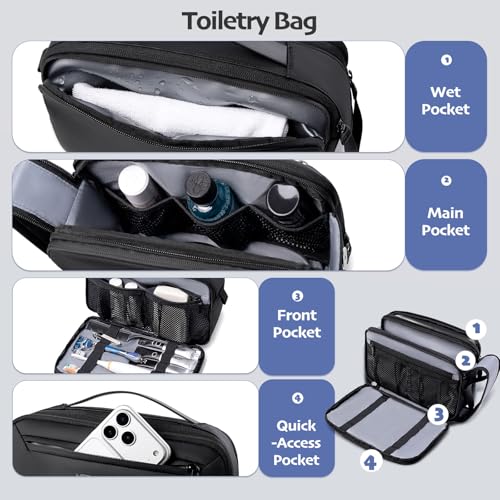 Men's Travel Toiletry Bag with 180° Flat Opening and Wet Pocket – 5L Dopp Kit Organizer