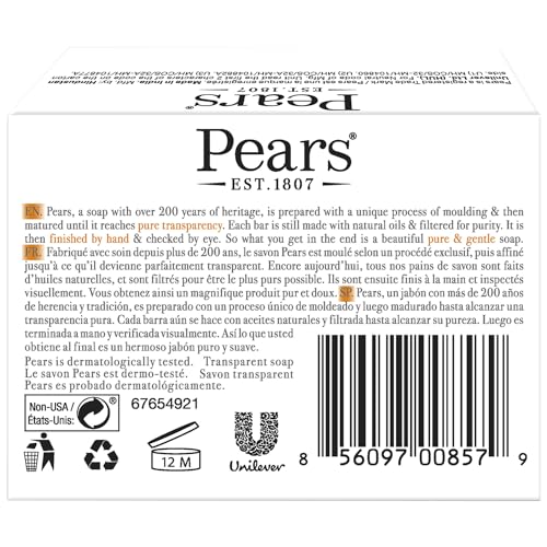 Pure & Gentle Pears Soap 12-Pack - Glycerin Transparent Amber Bar for Skin Care - Original 4.4 Oz