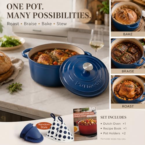 Dutch Oven 5.5QT Enameled Cast Iron Sourdough Bread Cooker Indigo Blue - Parmedu