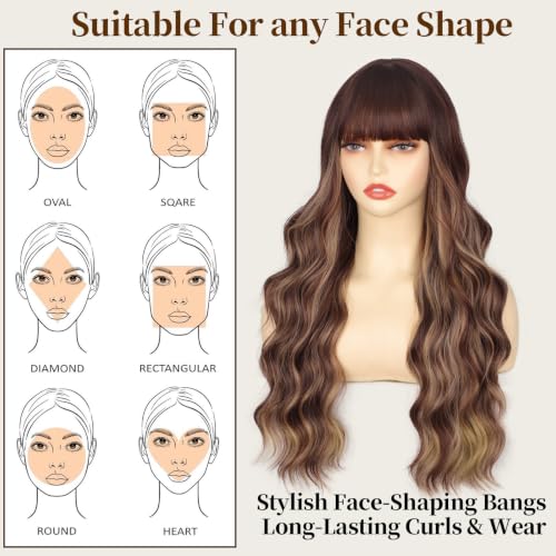 Lativ Brown Highlight Wigs for Women with Bangs & Dark Roots - Long Wavy 26 Inch - Brown Mixed Blonde Variant