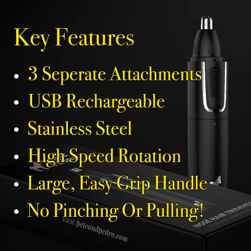 Nose & Ear Hair Trimmer with 3 Attachments - Waterproof Rechargeable Grooming Tool