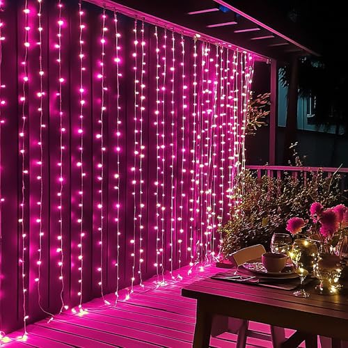 LED Curtain String Lights with 8 Modes Waterproof Indoor Outdoor Pink 9.8ft