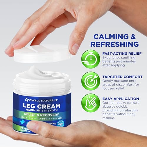 OWELL NATURALS Relief Legs Cream, Deep Penetrating Soothing Formula, Fast Acting & Maximum Strength with Arnica, Aloe Vera Vitamin E, for Muscles, Calf, foot, ankle, 2 oz (Pack of 2)