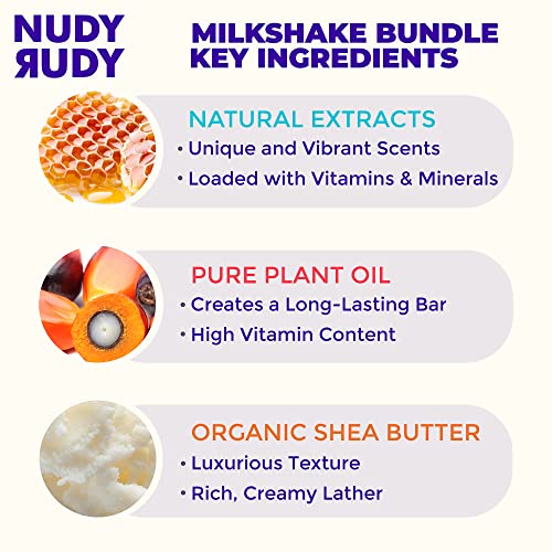 Nudy Rudy Milkshake Bundle Bar Soap Pucks with Organic Shea Butter - Pack of 3, 4.2 oz Each, Includes Honey Bunny, Killa Vanilla & Milk Bar
