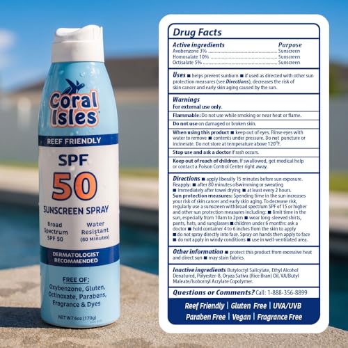 Coral Isles Sunscreen Spray SPF 50 - Hawaii Compliant - Oxybenzone & Octinoxate Free - Broad Spectrum - Water Resistant, 6 Fl Oz (Pack of 3)