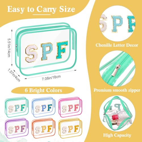 Kacctyen 12 Pack Waterproof Clear Makeup Bags with Chenille Letter Patches - Summer Travel Toiletry Organizer in 6 Colors