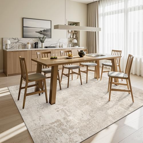 Beige 8x10 Abstract Washable Area Rug for Living Room - Machine Washable, Soft & Stain-Resistant