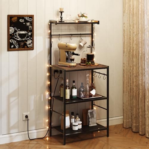MAHANCRIS Rustic Brown & Black 22.4-inch Kitchen Bakers Rack with Power Outlet & Hooks