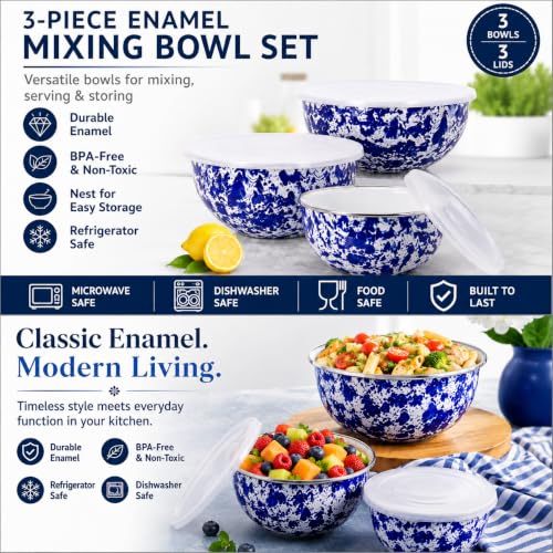 Set of 3 Enamelware Mixing Bowls with Lids - Cobalt Swirl, 3.0-4.5 Qt