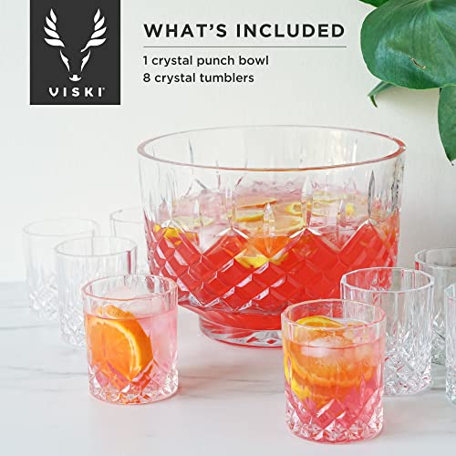 Viski Admiral Punch Bowl Set with 8 Crystal Tumblers, 2.5 Gallons, Dishwasher Safe