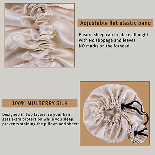 Silk Sleep Cap for Women Men - Adjustable Mulberry Silk Bonnet & Scrunchies