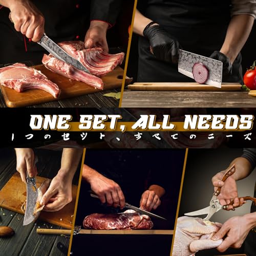 Purple Dragon 8-Piece Japanese Chef Knife Set with Roll Bag - Butcher & Meat Knives