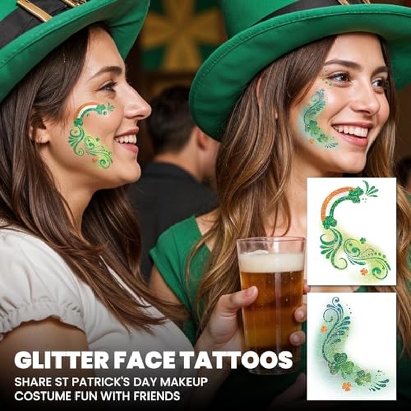EMOME St Patrick Day Accessories, St Patrick's Day Glitter Shamrock Face Tattoo with Green Face Gems and Faux Freckles, Saint Patrick's Day Makeup Art Decorations Gift for Women