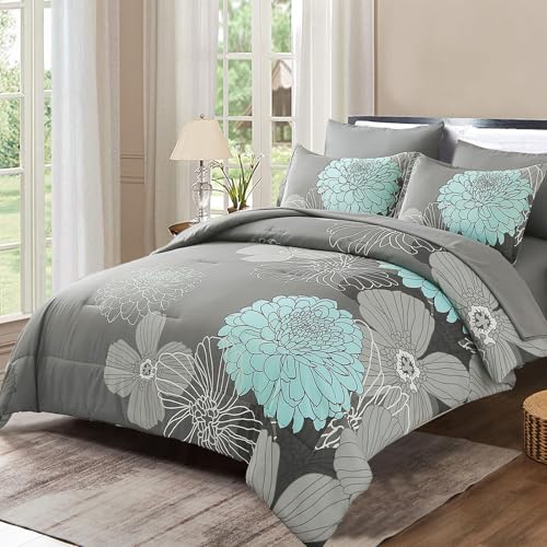 Yiran Floral Comforter Set California King Size 7 Pieces Grey Bed in a Bag - Variation: Grey / California King 104x96