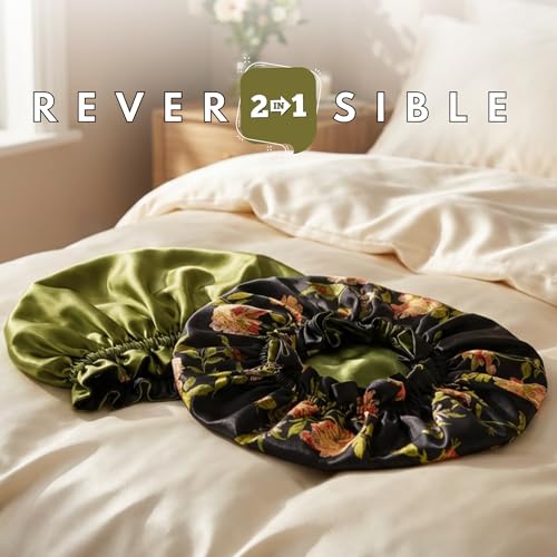 Wild Rose Mulberry Silk Bonnet for Sleeping - 19 Momme Double Layer, Non-Slip Hair Wrap for Curly Hair
