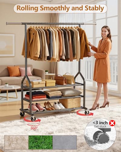 Heavy Duty Rolling Clothes Rack with 3 Shelves - Black - Expandable & Adjustable