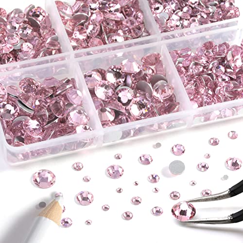 Pink Rhinestones for Nails 8300pcs Flatback Beads Set - Light Pink, 10 Sizes with Tools