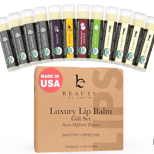 Organic Lip Balm Gift Set - 12 Flavored Tubes, USA Made, Petroleum-Free