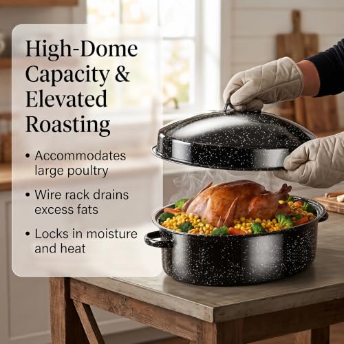 19.5-Inch Black Enamel Roasting Pan with Lid & Rack - Oval Turkey & Holiday Roast