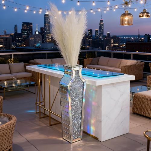 26.8-Inch Silver Crushed Diamond Mirrored Floor Vase with Pampas Grass, Tall Elegant Decor