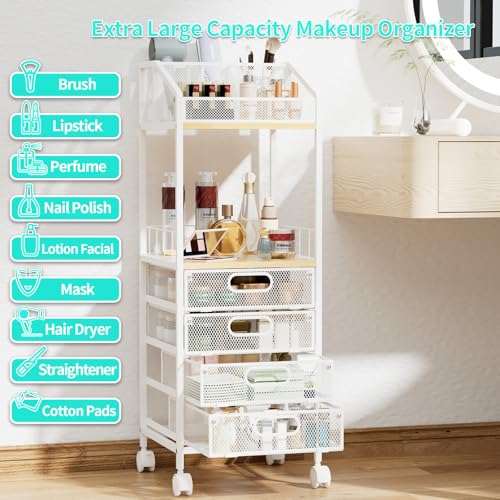 Natural 4-Drawer Makeup Cart with Wheels - Space-Saving Organizing Storage