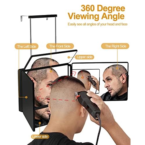 5 Way Mirror for Self Hair Cutting & Shaving, 360 Makeup Mirror with Height Adjustment for Braiding & Styling (Black)