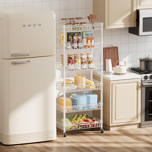 6-Tier Adjustable Wire Shelving Rack with Wheels and Baskets - White, 17x12x63 inches
