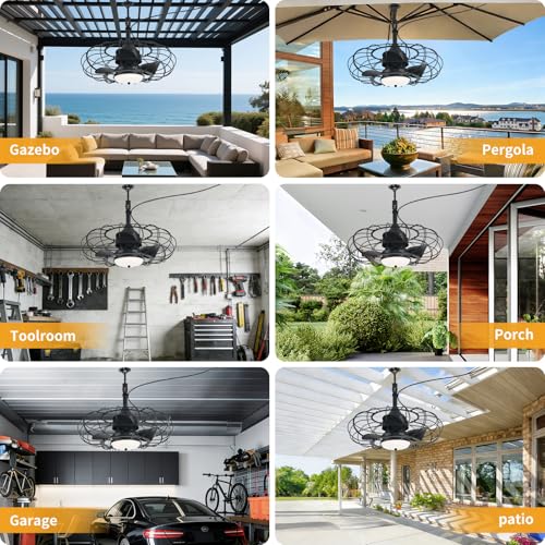 Outdoor Ceiling Fan with Light and Remote - 20-inch Waterproof Gazebo Fan, Dimmable 3-Color, 6 Speed, Black